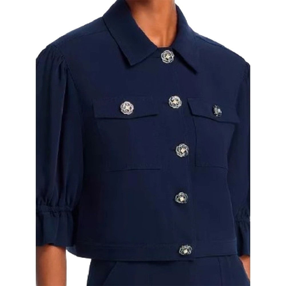 Cinq a Sept Julieta Navy Cropped Puff Sleeve Jacket with Floral Buttons Size M